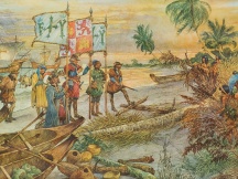 Columbus neemt Guanahani in bezit, 12 oktober 1492.