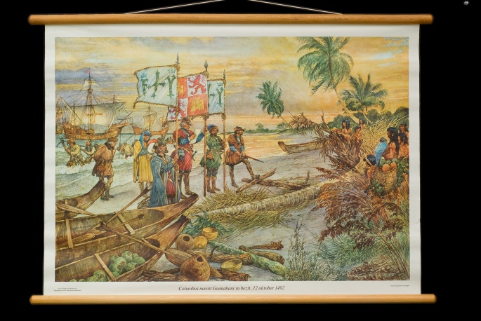 Columbus neemt Guanahani in bezit, 12 oktober 1492.